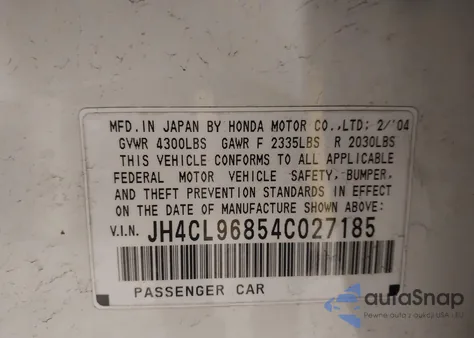 2004 Acura Tsx из США, поврежденный, VIN JH4CL96854C027185